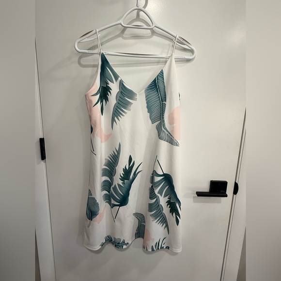 None Dresses & Skirts - Tropical Leaf Print Beach Vacation Resortwear Slip Dress White Green Pink Size S